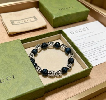 Gucci GG Blue Onyx Bead Silver Accent Bracelet