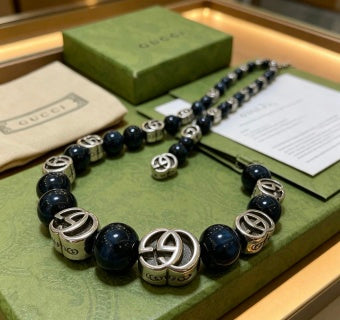 Gucci GG Blue Onyx Bead Silver Accent Bracelet